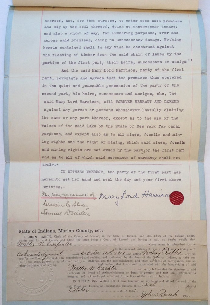 Item #102873 Signed Land Indenture. Mary Lord HARRISON, 1858 - 1948.