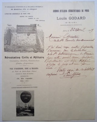 Item #104996 Autographed Letter in French Signed by the Ballooning Pioneer. Louis GODARD