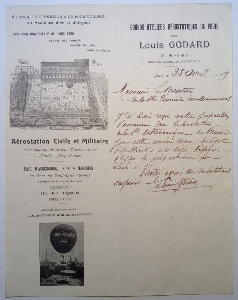Item #104996 Autographed Letter in French Signed by the Ballooning Pioneer. Louis GODARD.