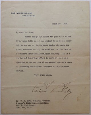 Item #122603 Typed Letter Signed on White House stationery. Calvin COOLIDGE, 1872 - 1933