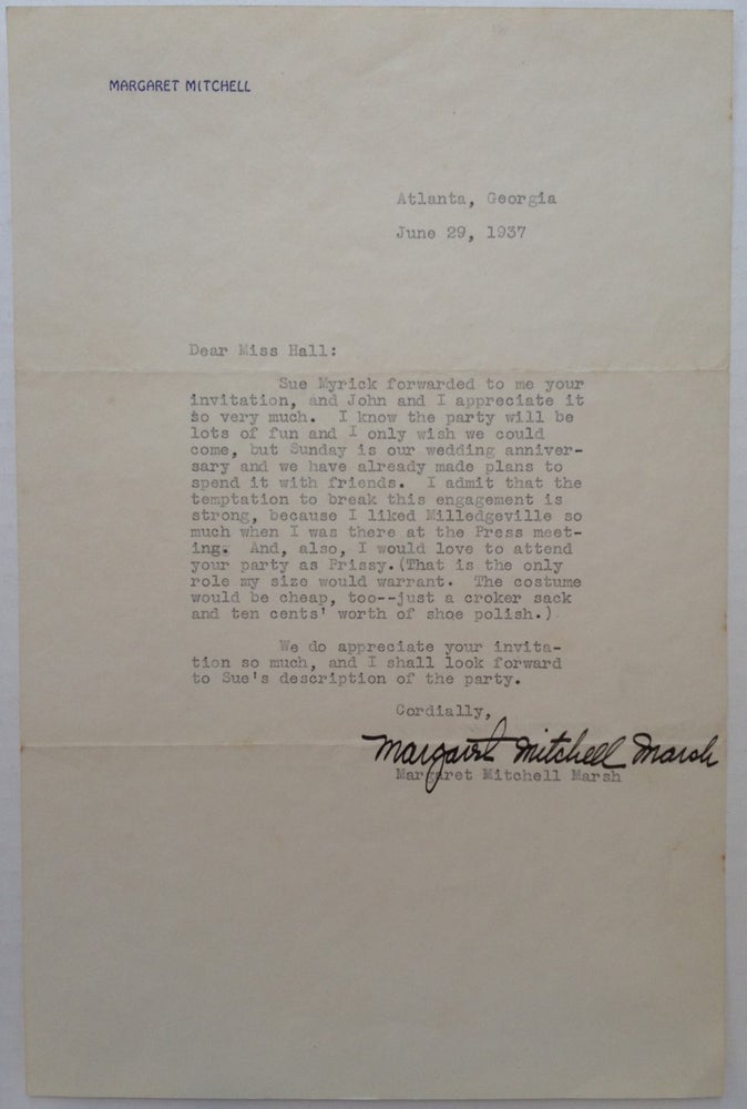 Item #122606 Typed Letter Signed on personal stationery. Margaret MITCHELL, 1900 - 1949.