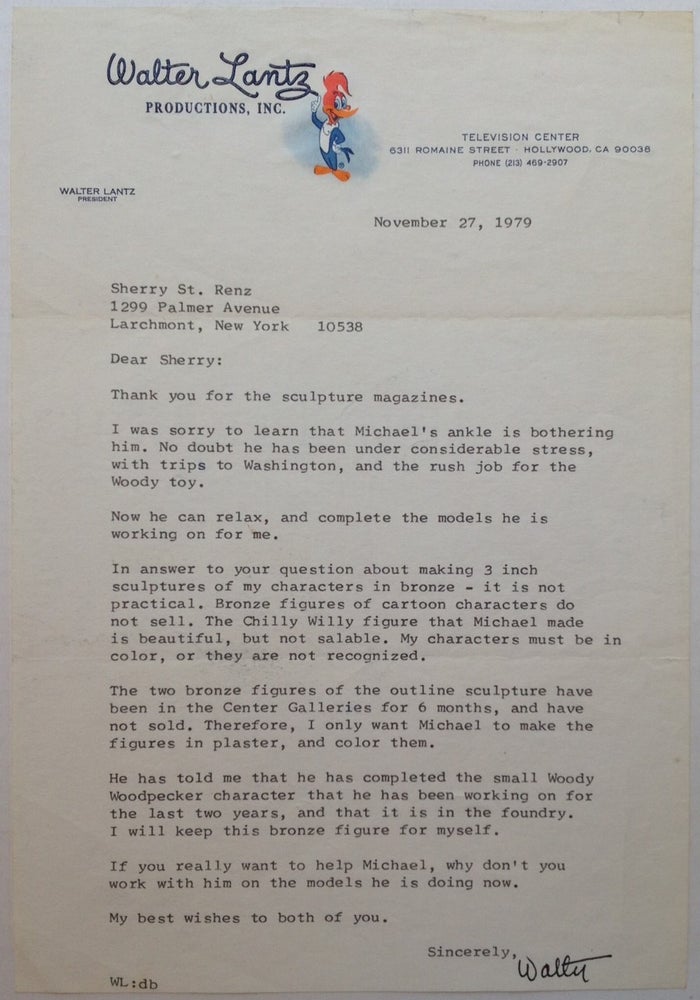 Item #122918 Typed Letter Signed on "Woody Woodpecker" letterhead. Walter LANTZ, 1899 - 1994.
