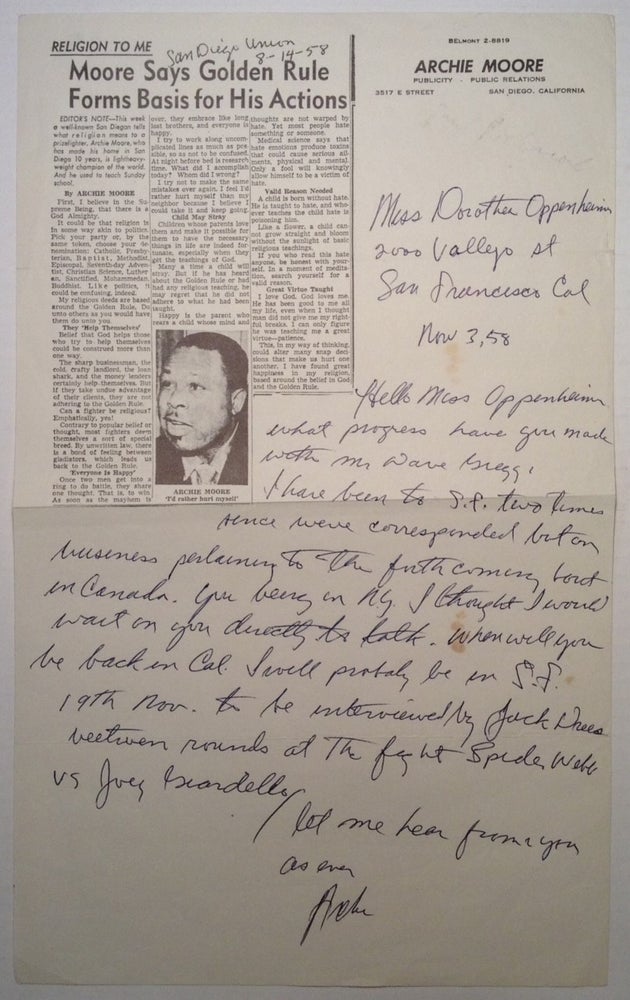 Item #131810 Autographed Letter Signed "Archie" on his Newspaper Letterhead. Archie MOORE, 1916 - 1998.