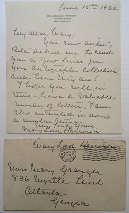 Item #132487 Autographed Letter Signed on personal stationery. Mary Lord HARRISON, 1858 - 1948