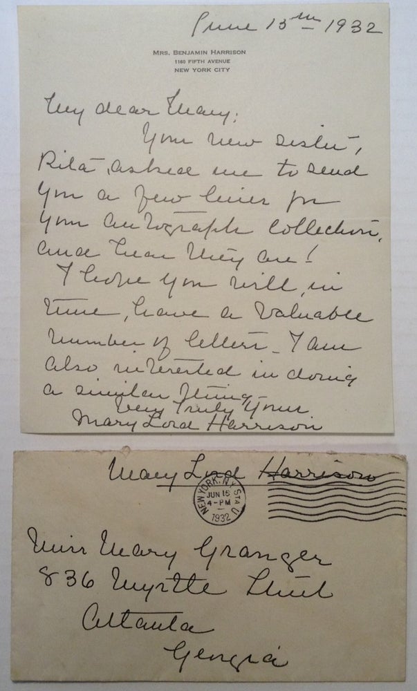 Item #132487 Autographed Letter Signed on personal stationery. Mary Lord HARRISON, 1858 - 1948.
