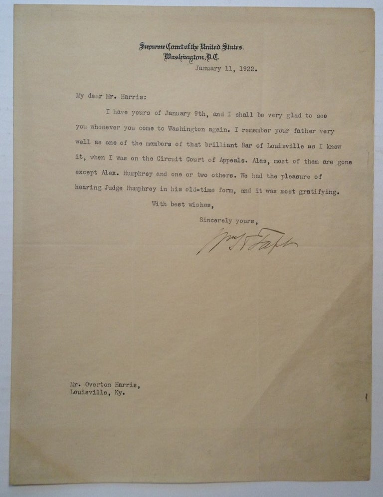 Item #132511 Typed Letter Signed on Supreme Court letterhead. William Howard TAFT, 1857 - 1930.