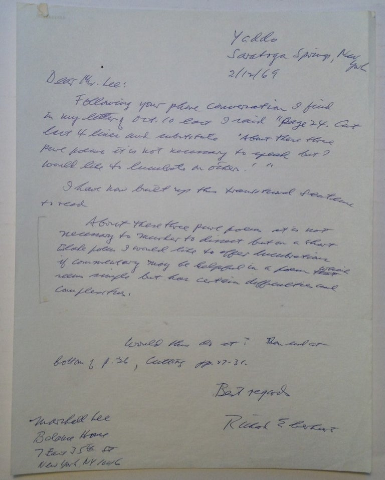 Item #133098 Autographed Letter Signed on Onionskin. Richard EBERHART, 1904 - 2005.