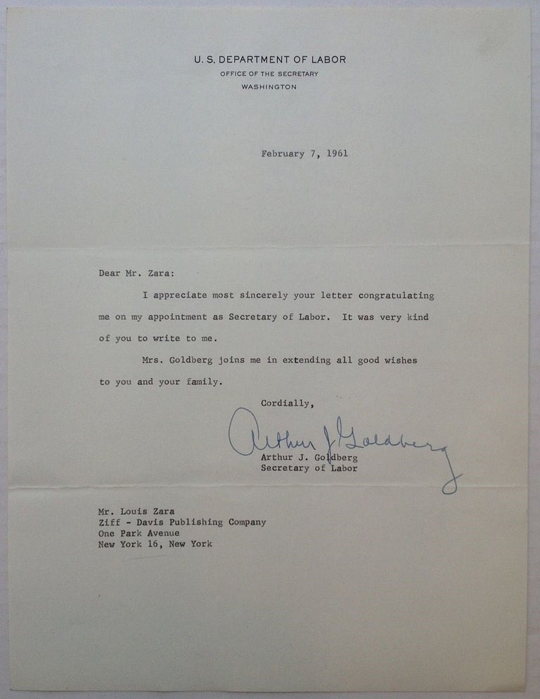 Item #133100 Typed Letter Signed on "U.S. Department of Labor" letterhead. Arthur J. GOLDBERG, 1908 - 1990.