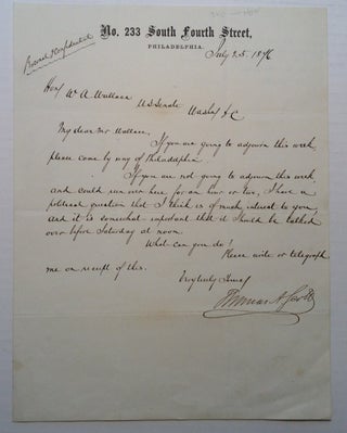 Item #133716 Letter Signed to Senator William A. Wallace of Pennsylvania. Thomas A. SCOTT