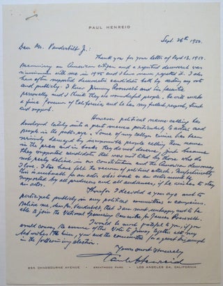 Item #135004 Highly political Autographed Letter Signed on personal stationery. Paul HENREID,...