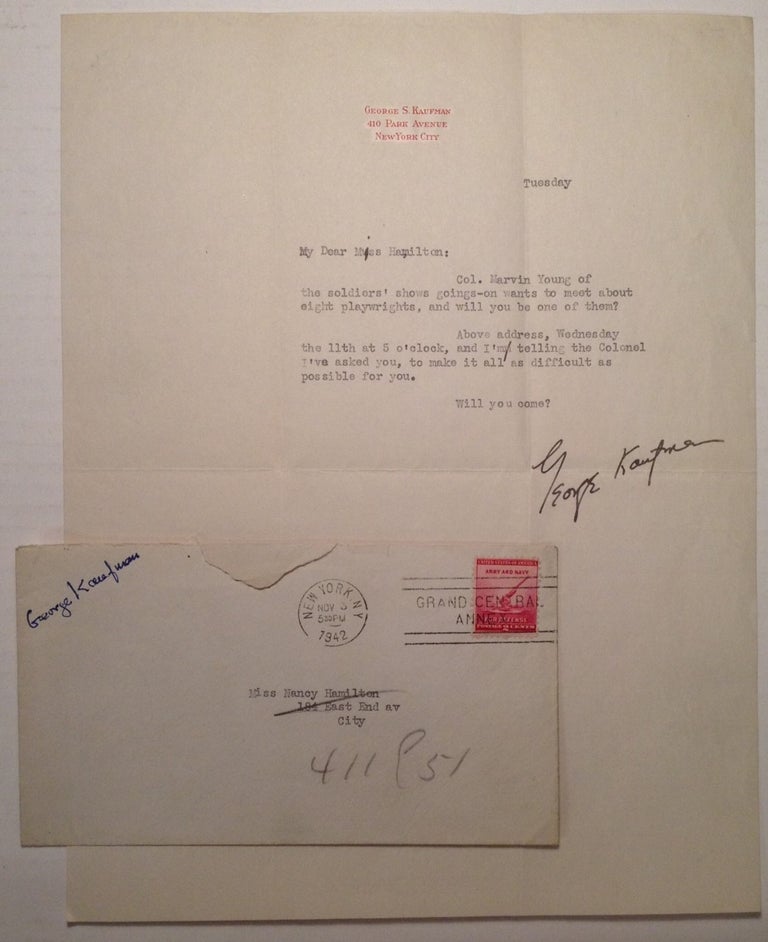 Item #135074 Typed Letter Signed on personal stationery. George S. KAUFMAN, 1889 - 1961.
