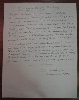 Item #141550 Autographed Manuscript Signed to poet Leonora Speyer. Robert HILLYER
