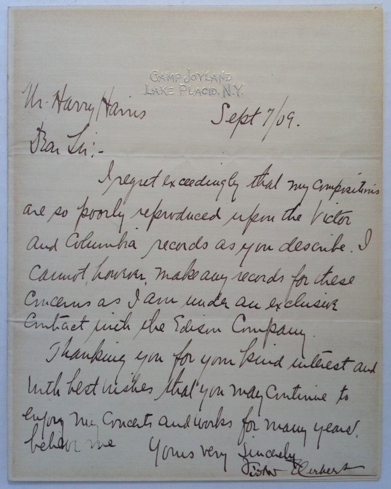 Item #142075 Autographed Letter Signed on summer camp letterhead. Victor HERBERT, 1859 - 1924.