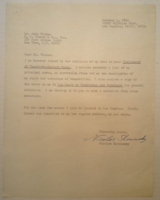 Item #142527 Typed Letter Signed to a fellow musicologist. Nicolas SLONIMSKY, 1894 - 1995