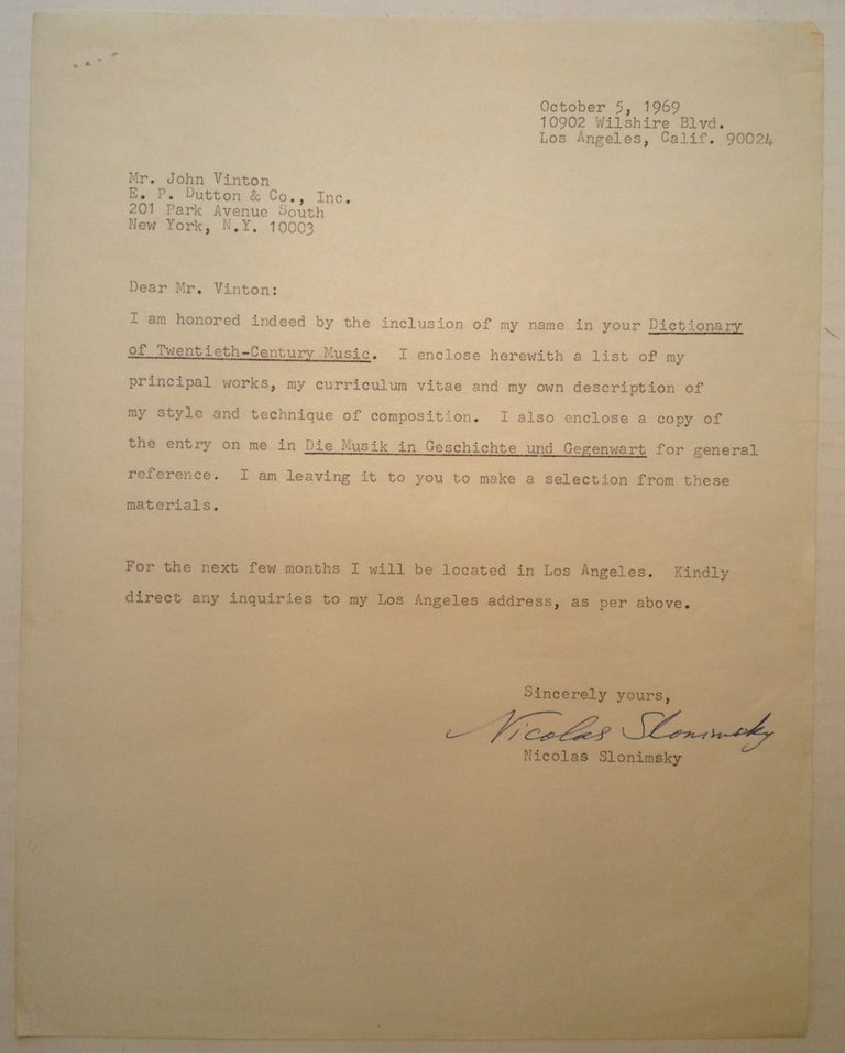 Item #142527 Typed Letter Signed to a fellow musicologist. Nicolas SLONIMSKY, 1894 - 1995.