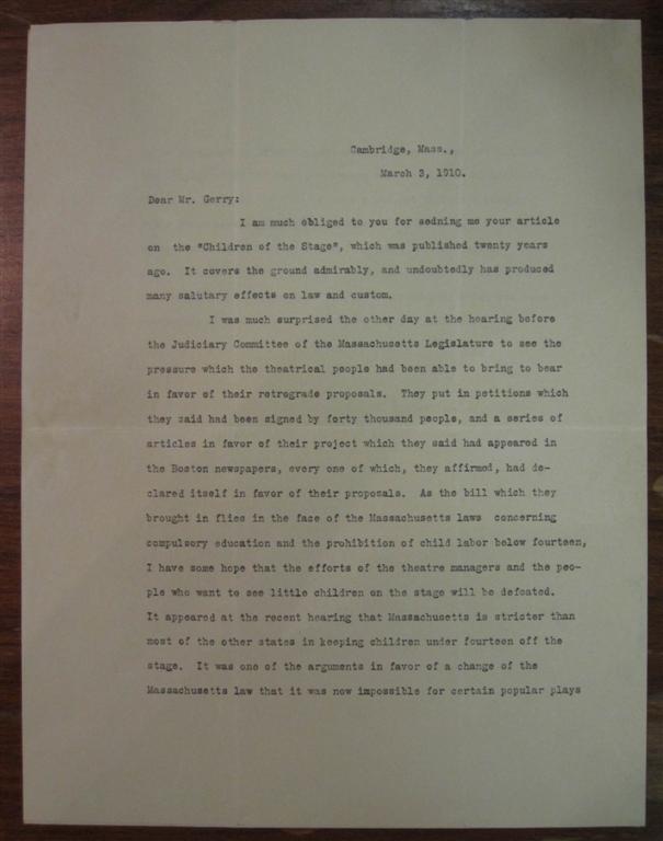 Item #142863 Typed Letter Signed about child labor laws. Charles W. ELIOT, 1834 - 1926.