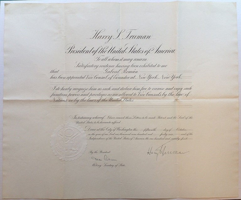 Item #149414 Document Signed as President. Harry S. TRUMAN, Dean ACHESON.