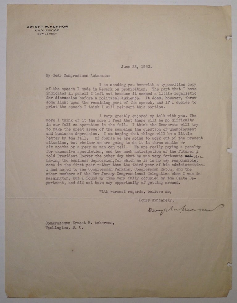 Item #151136 Typed Letter Signed to a Congressman. Dwight MORROW, 1873 - 1931.