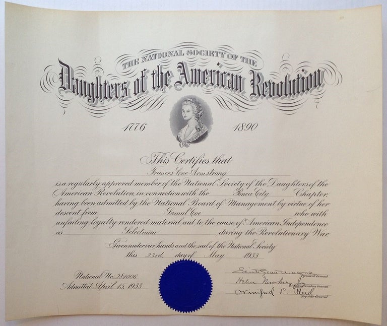 Item #152817 Membership Certificate. DAUGHTERS OF THE AMERICAN REVOLUTION.