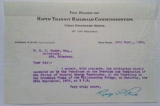 Item #152855 Typed Letter Signed on "Rapid Transit Railroad Commissioners" letterhead. George S....