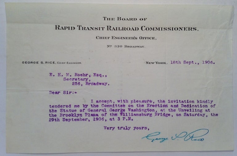 Item #152855 Typed Letter Signed on "Rapid Transit Railroad Commissioners" letterhead. George S. RICE, 1849 - 1950.