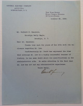 Item #152859 Typed Letter Signed undermining a political campaign. Owen D. YOUNG, 1874 - 1962
