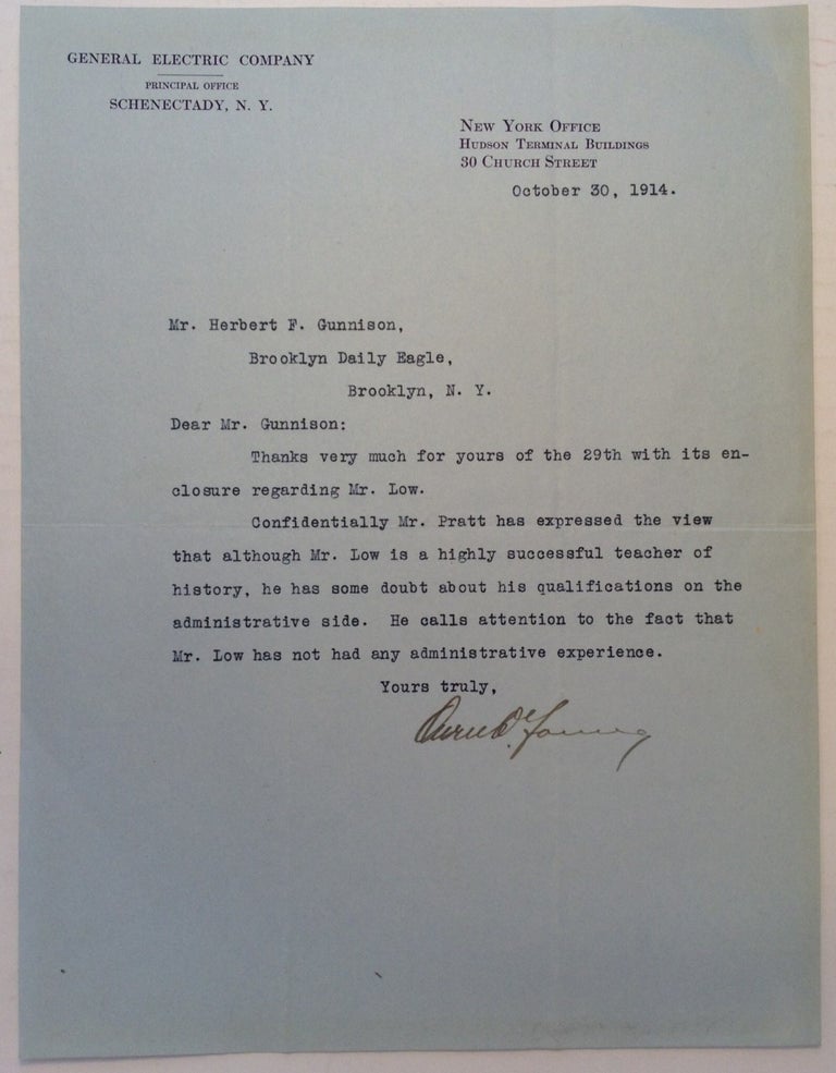 Item #152859 Typed Letter Signed undermining a political campaign. Owen D. YOUNG, 1874 - 1962.