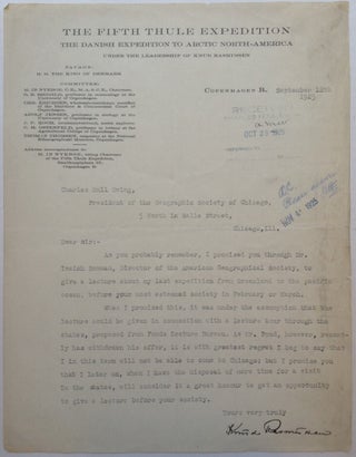 Item #154122 Typed Letter Signed on "The Fifth Thule Expedition" letterhead. Knud...