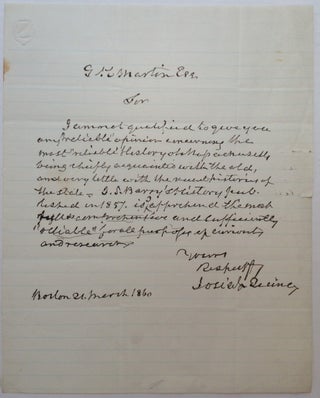 Item #154745 Autographed Letter Signed about Massachusetts history. Josiah QUINCY, 1802 - 1882