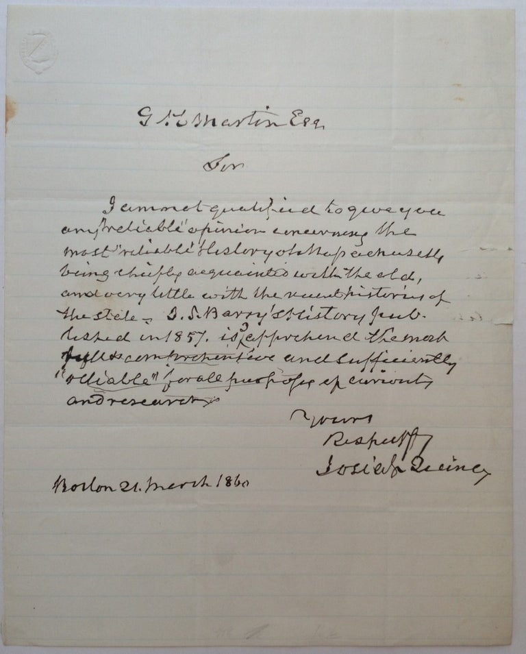 Item #154745 Autographed Letter Signed about Massachusetts history. Josiah QUINCY, 1802 - 1882.