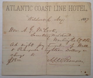 Item #154746 Autographed Note Signed on "Atlantic Coast Line Hotel" stationery. Mathew W. RANSOM,...