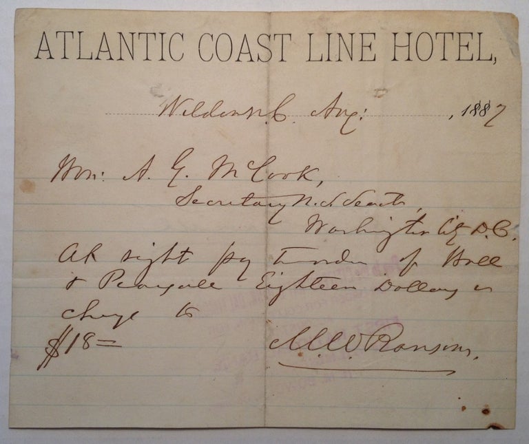 Item #154746 Autographed Note Signed on "Atlantic Coast Line Hotel" stationery. Mathew W. RANSOM, 1826 - 1904.