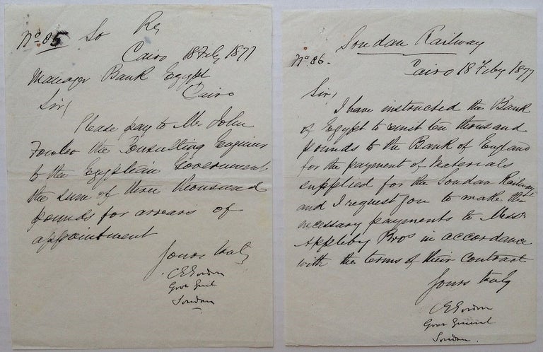 Item #155513 Two Autographed Letters Signed and a Telegraph. Charles G. GORDON, "Chinese", 1833 - 1885.