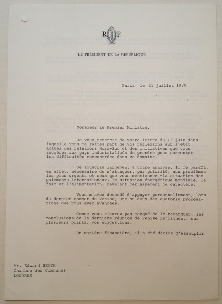 Item #157907 Typed Letter Signed in French on Presidential Letterhead. Valery GISCARD D'ESTAING, 1926 -.
