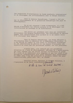 Typed Letter Signed in French on Presidential Letterhead