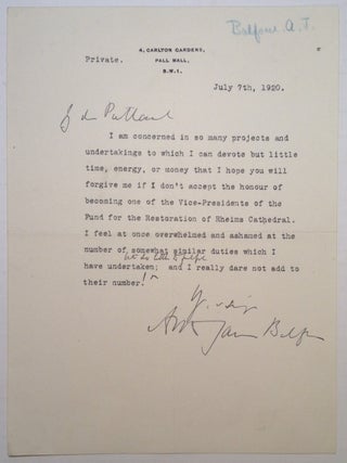 Item #167836 Typed Letter Signed on personal stationery. A. J BALFOUR