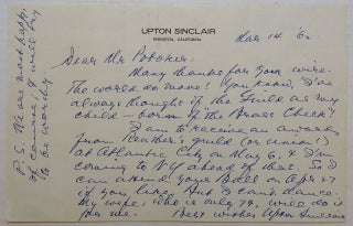 Item #170076 Autographed Letter Signed on personal stationery. Upton SINCLAIR, 1878 - 1968
