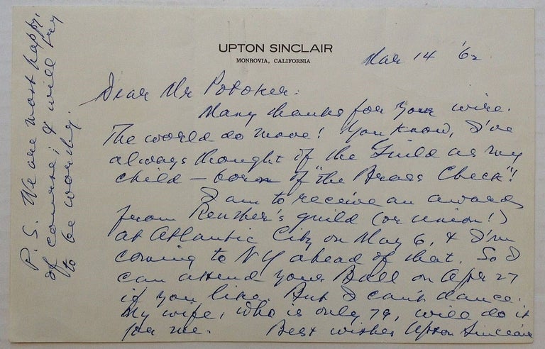 Item #170076 Autographed Letter Signed on personal stationery. Upton SINCLAIR, 1878 - 1968.
