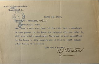 Item #172087 Typed Letter Signed on "House of Representatives" letterhead. Andrew J. VOLSTEAD