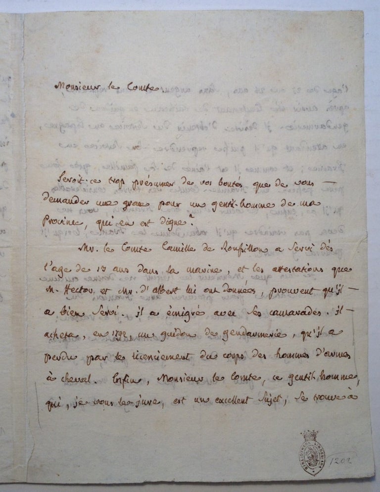 Item #172114 Autographed Letter Signed in French. Jean Joseph Antoine COURVOISIER, 1775 - 1835.