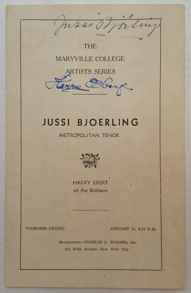 Item #172556 Autographed Concert Program. Jussi BJOERLING, 1911 - 1960.