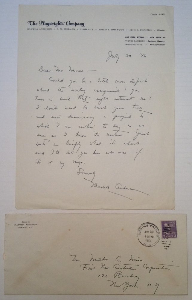 Item #172845 Autographed Letter Signed on "The Playwrights' Company" letterhead. Maxwell ANDERSON, 1888 - 1959.