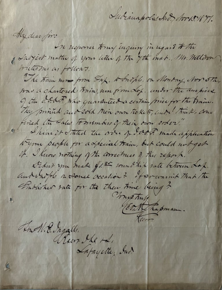 Item #175645 Autographed Letter Signed about a missing train. George Henry CHAPMAN.
