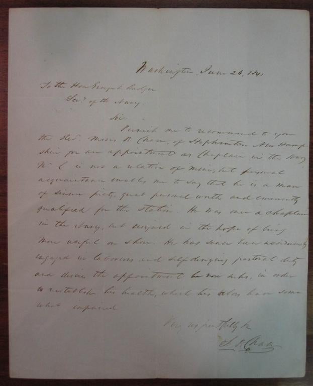 Item #175648 Autographed Letter Signed. Salmon P. CHASE, 1808 - 1873.