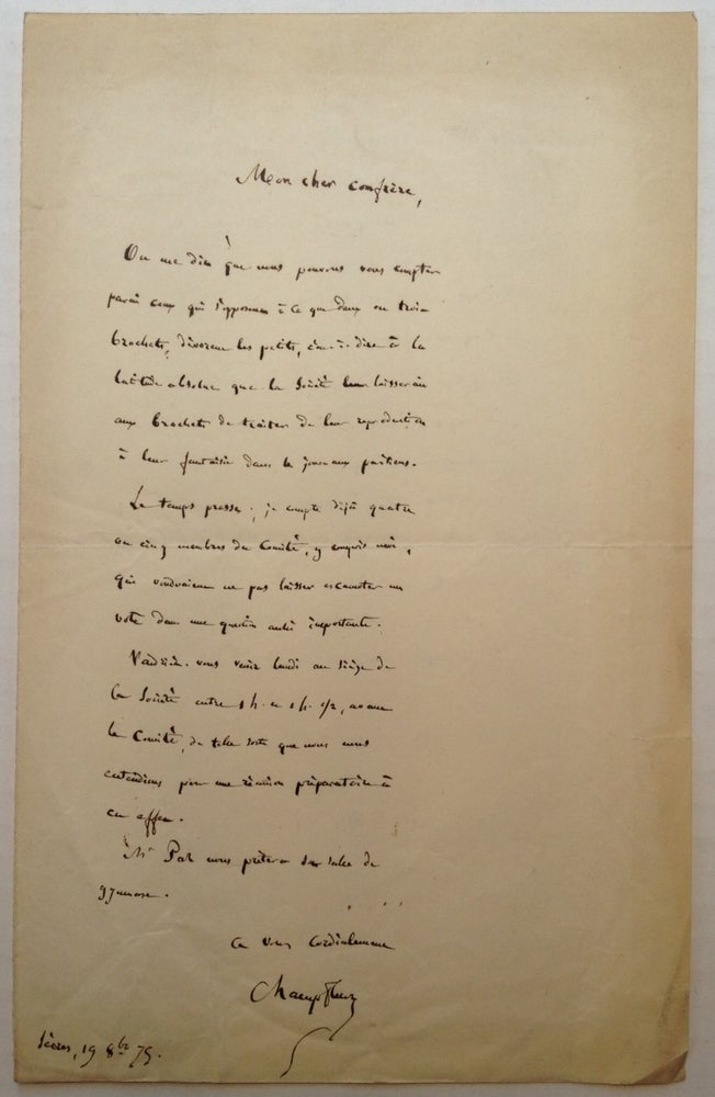 Item #178838 Autographed Letter Signed in French. CHAMPFLEURY, Jules Felix Fleury-Husson, 1820 - 1889.