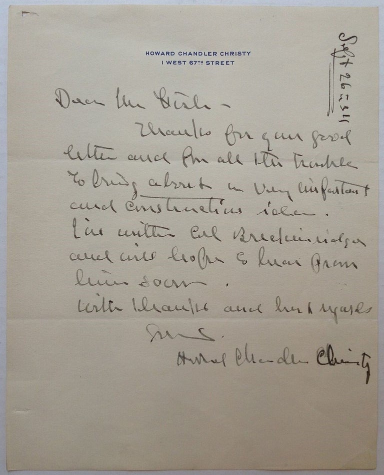Item #178949 Autographed Letter Signed to Hamilton Fish. Howard Chandler CHRISTY, 1873 - 1952.