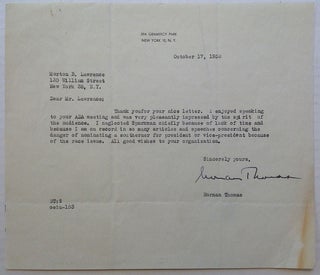 Item #200294 Typed Letter Signed on personal stationery. Norman THOMAS, 1884 - 1968