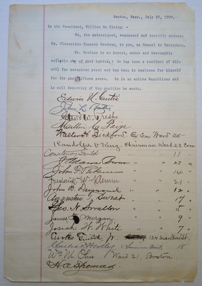 Item #200617 Petition to the President with 19 Signatories from the State of Massachusetts. William MCKINLEY.
