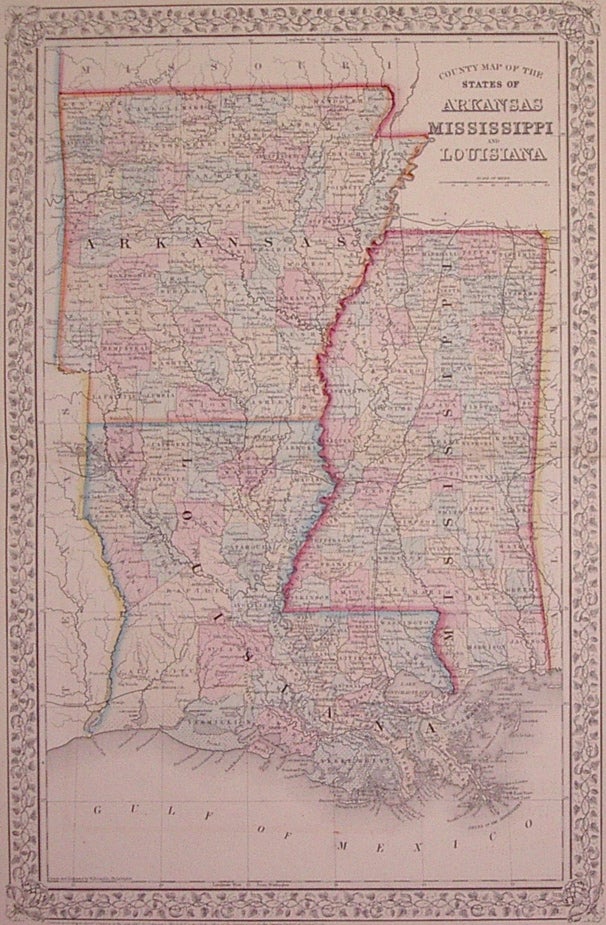 Item #203103 County Map of the States of Arkansas Mississippi and Louisiana. Samuel Augustus Jr MITCHELL.