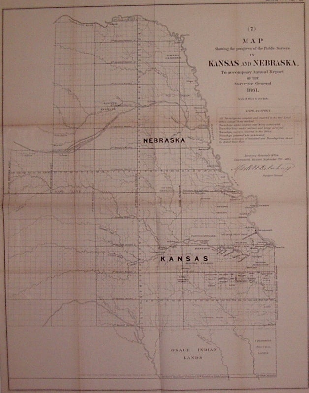 Item #203182 Map Showing the progress of the Public Surveys in Kansas and Nebraska, to accompany Annual Report of the Surveyor General. Mark DELAHAY.